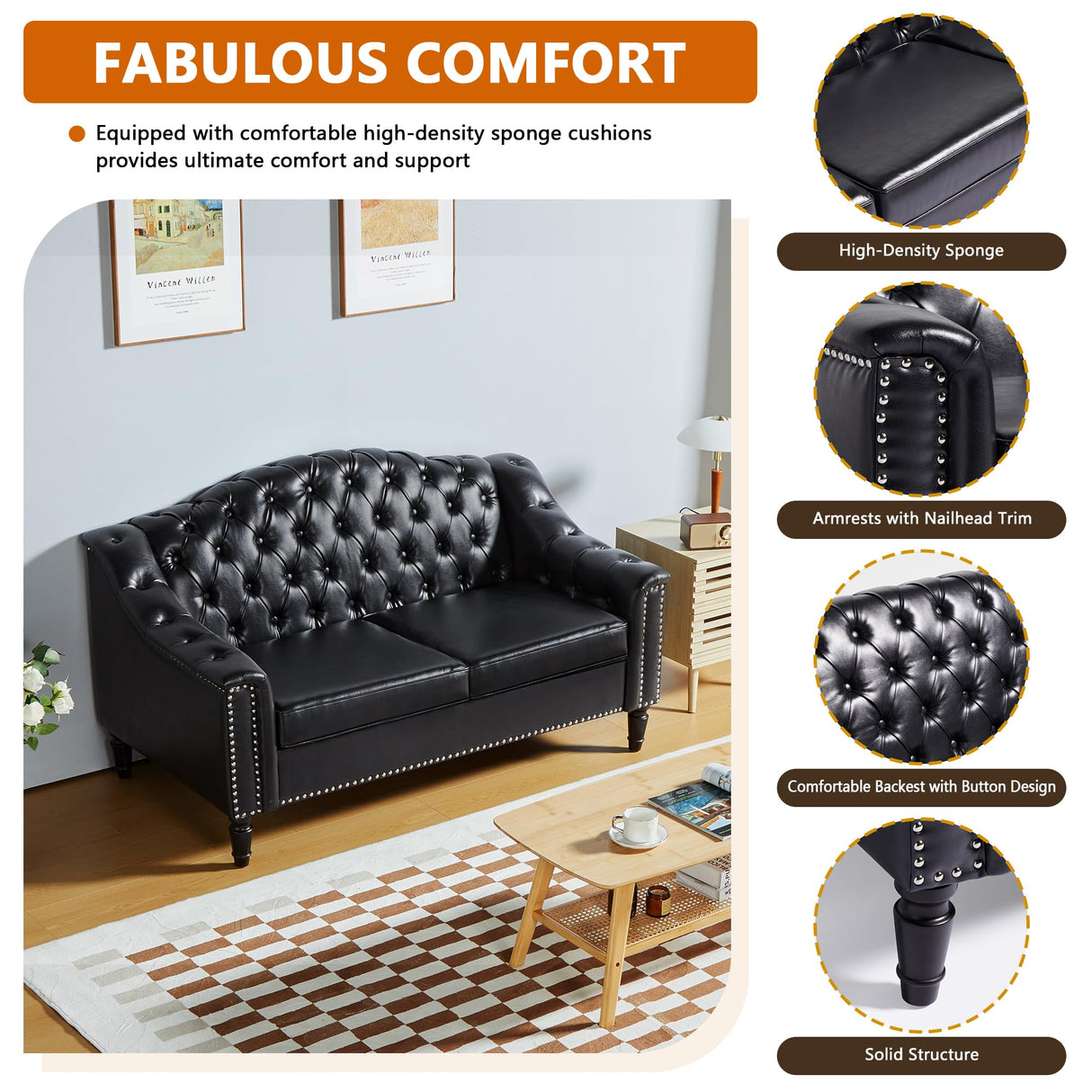 Chesterfield Loveseat, 55" Leather Love Seat Sofa, Comy Small Sofa Counch with Camelback for Small Spaces, Mid Century Modern 2 Deep Seats Couch for Apartment Living Room, Bedroom (PU-Loveseat, Black) SUJOUCRAFT