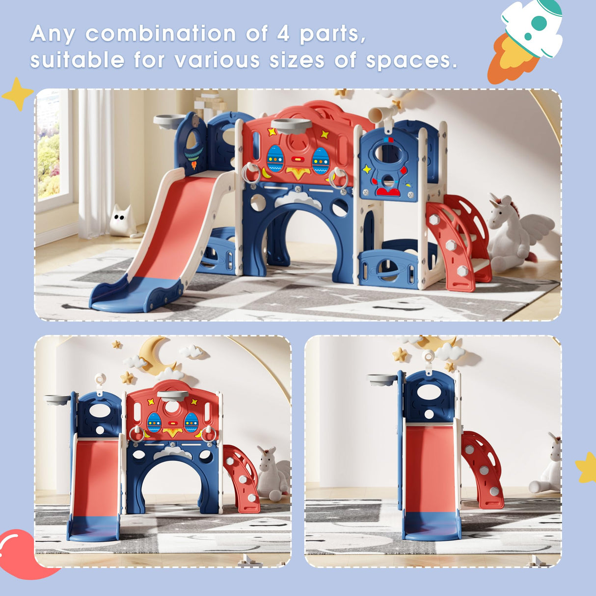 Nyeekoy 9-in-1 Castle Amusement Playground Playhouse, Indoor Outdoor Playset for Toddlers Age 1-3, Backyard Climber Play Set Slide for Kids Baby (Blue) Nyeekoy