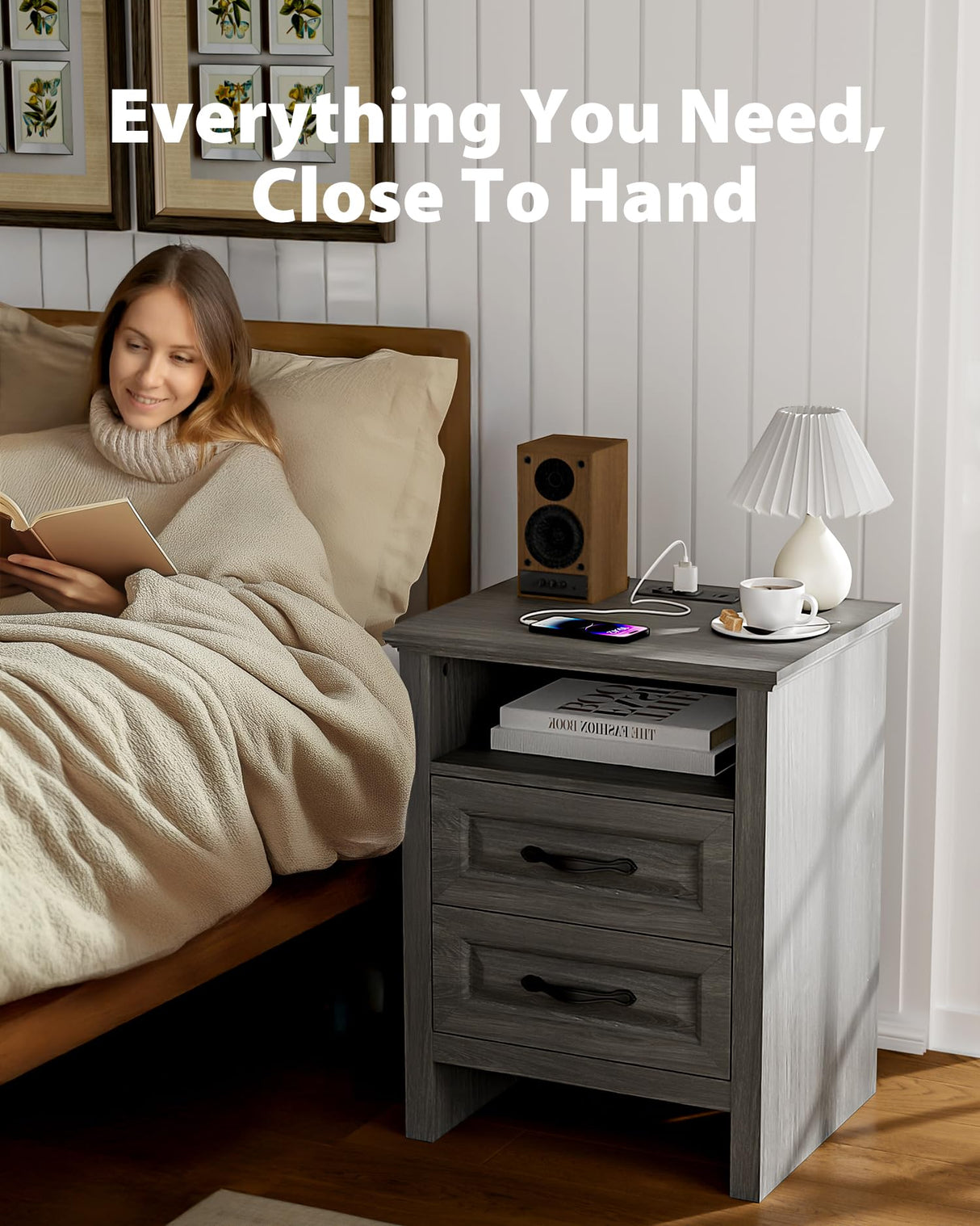 Amada Farmhouse Nightstand with Charging Station, 18.9 Inch Wide Bedside Table with 2 Drawers, USB A Port, USB C Port, 2 AC Outlets, Rustic Farmhouse End Table for Bedroom, Gray AMADA HOMEFURNISHING