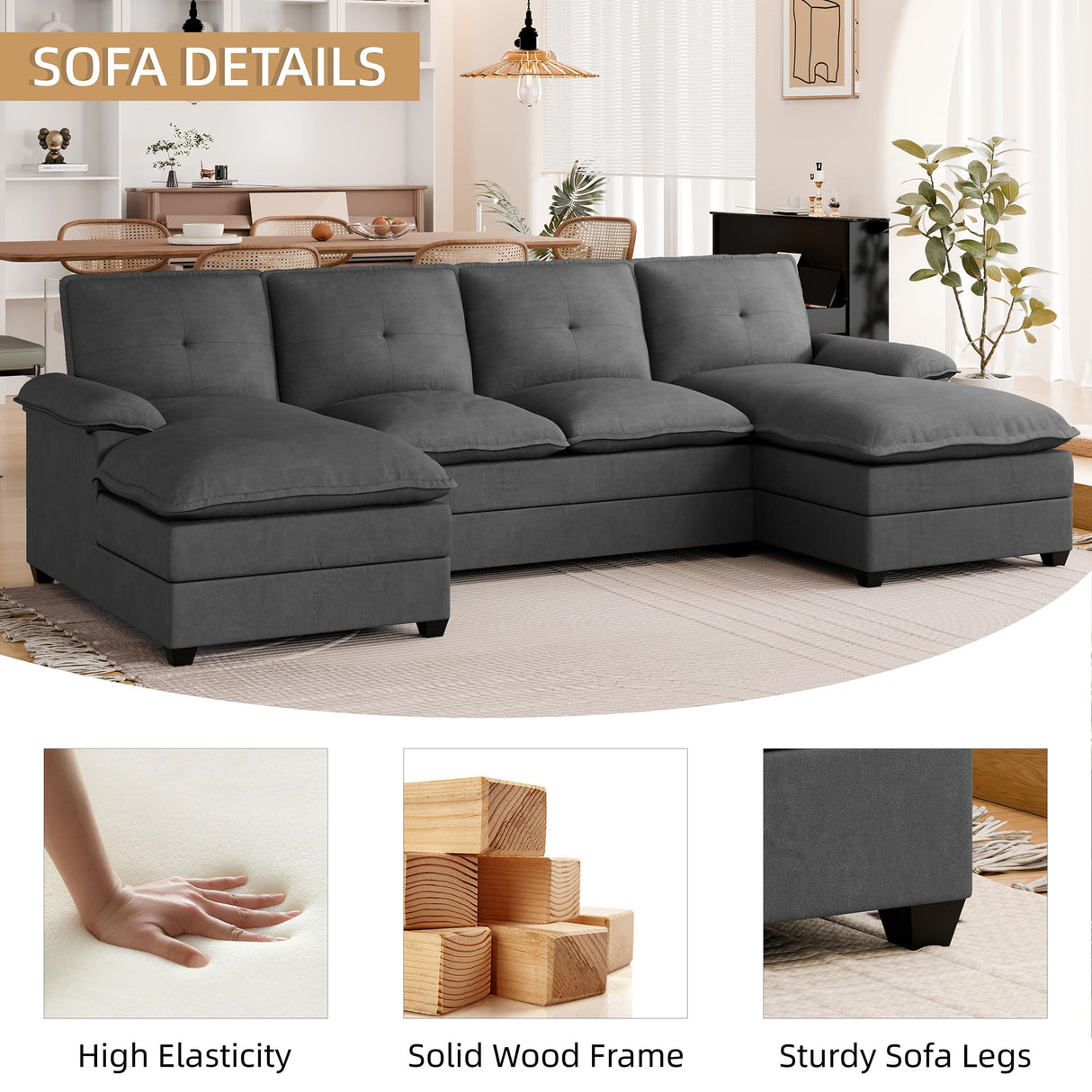 JAMFLY Sectional Couches for Living Room, U-Shaped Couch 4 Seat Sofas with Double Chaises, Modern Modular Sectional Sofa Set for Apartment Furniture for Apartment, Black JAMFLY