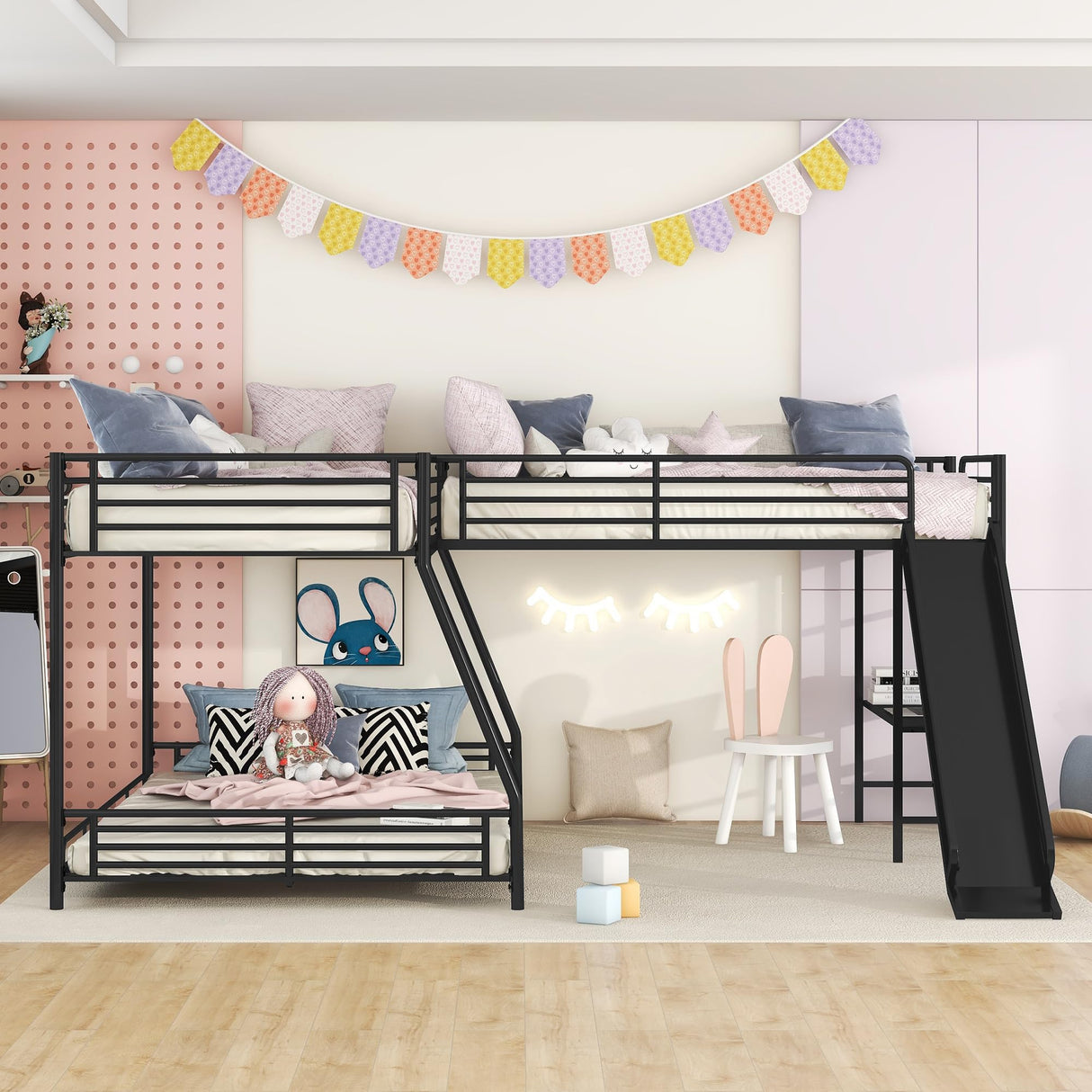 Triple Bunk Beds, L-Shape Twin Over Full Bunk Bed Attached a Loft Bed with Desk, Triple Bunk Beds with Slide, Metal Corner Bunk Bed Frame for Three Kids Boys Girls Teens, Black Bellemave