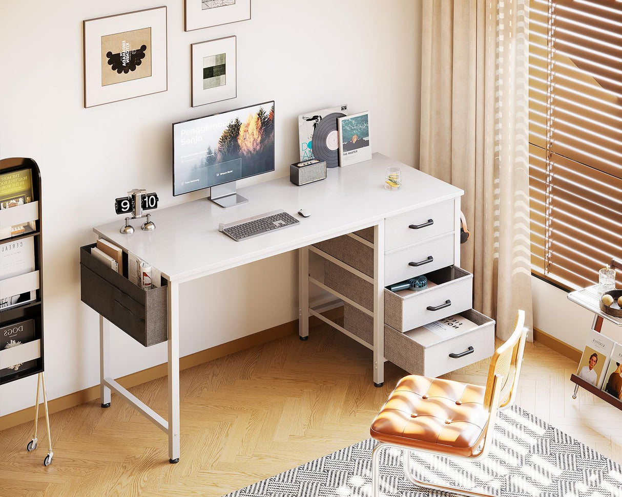 Casaottima 48-Inch Computer Desk with 4 Fabric Drawers — Home Office Desks with Storage, Writing Desk with Side Hook and Cloth Bag, Modern Study/Work Table for Bedroom and Small Space, White Casaottima