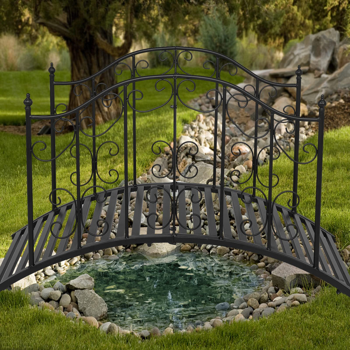 VINGLI Garden Bridge Metal Yard Arch Path Bridge with Patterned Guardrails, Ourdoor Decorative Black Iron Foot Bridge for Pond and Backyard Landscaping-4FT VINGLI