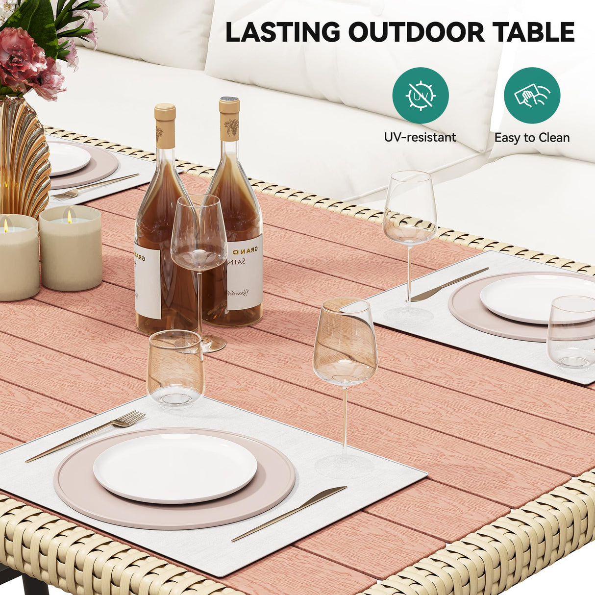 YITAHOME Patio Wicker L-Shaped Furniture Set, All-Weather Rattan Outdoor Conversation Sofa Set for Backyard Deck with Soft Cushions,Ottomans and Plastic Wood Dining Table (Light Brown+Beige) YITAHOME