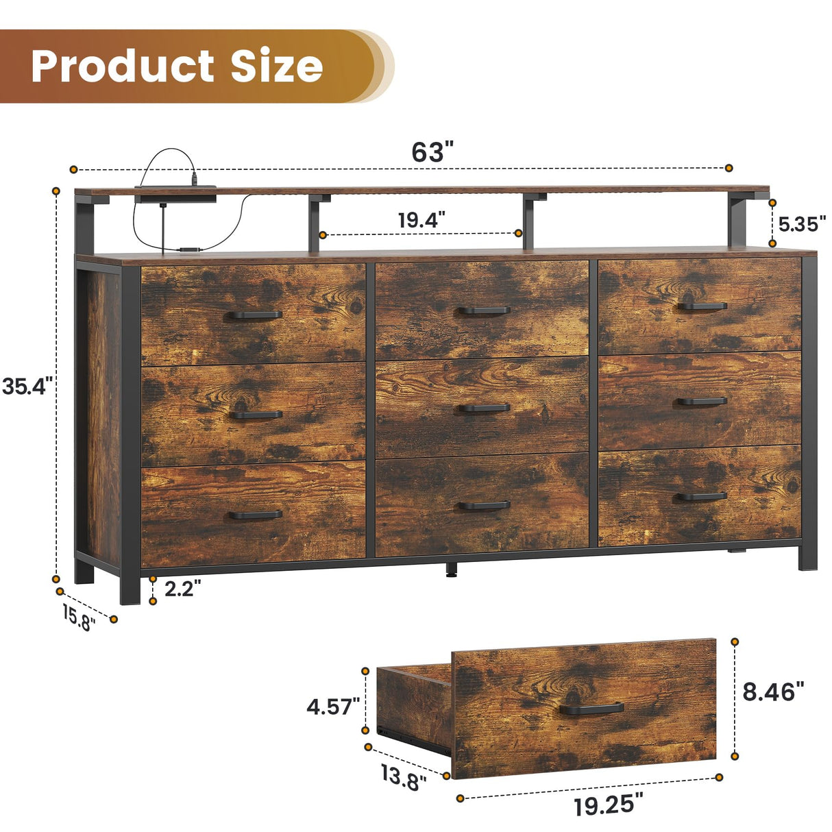 Frmobepts 63'' Rustic Brown Dresser for Bedroom, 9 Drawer Dresser with Power Outlet and Led Lights, Bedroom Furniture with Wooden Drawer and Metal Frame, TV Stand with Deep Drawer Storage Frmobepts