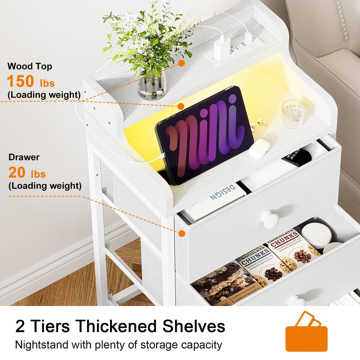 REAHOME Nightstand with Charging Station and LED Light, Tall White Night Stand with 4 Drawers and 2-Tier Shelf, Bedside Table with Sturdy Steel Frame Wood Top for Bedroom, Living Room - White REAHOME