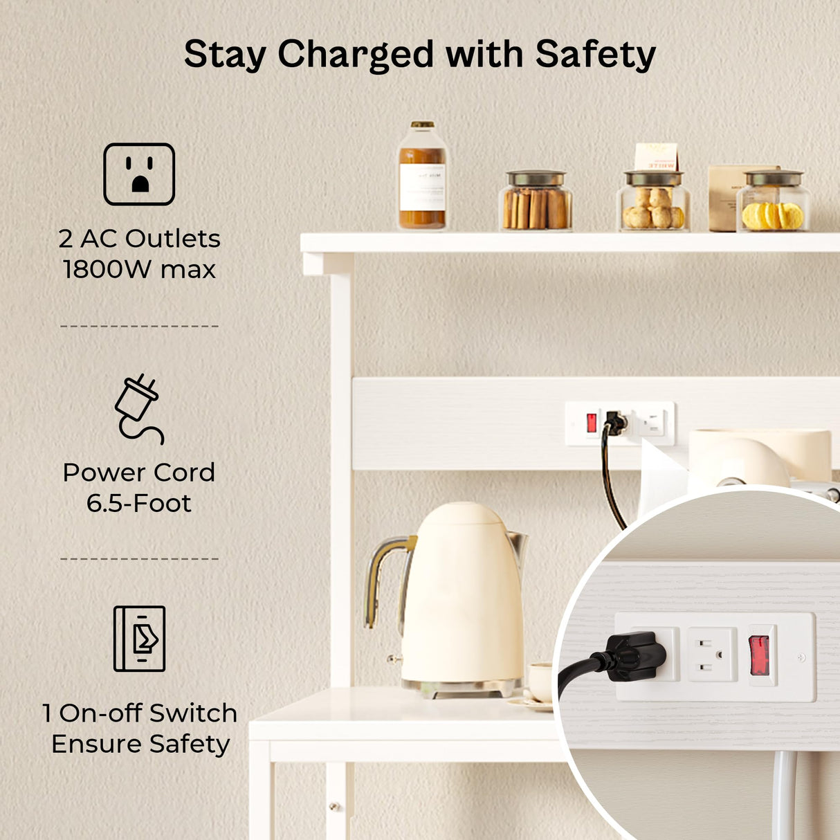 SUPERJARE Kitchen Bakers Rack with Power Outlet, Coffee Bar Table 4 Tiers, Microwave Stand with 6 S-Shaped Hooks, Storage Shelf Rack for Spices, Pots and Pans - White SUPERJARE