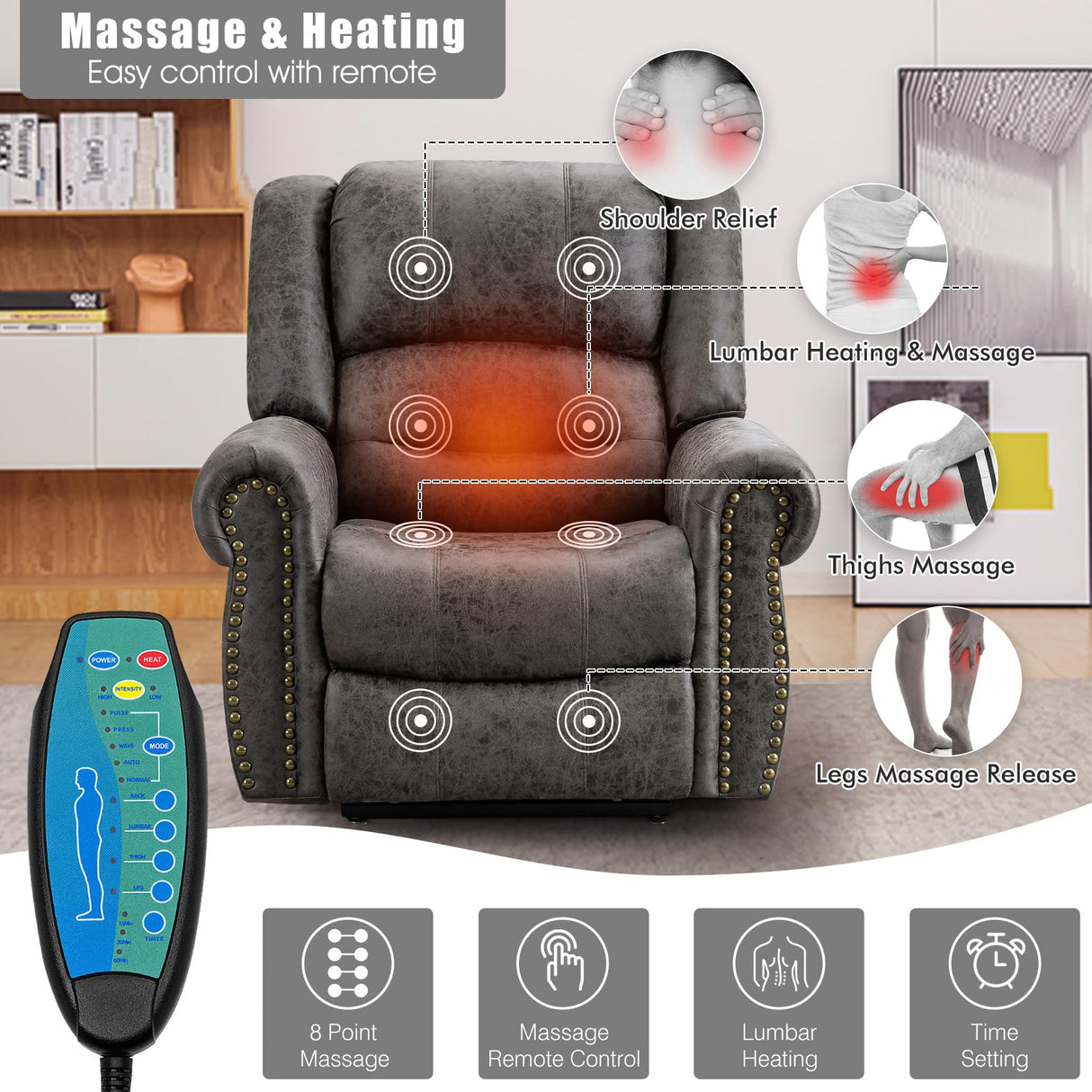 CDCASA Dual Motor Lay Flat Lift Chairs Recliners for Elderly with Massage and Heat, Breathable Leather Infinite Position Large Sleeping Electric Power Lift Chair Recliner for Seniors, Grey CDCASA