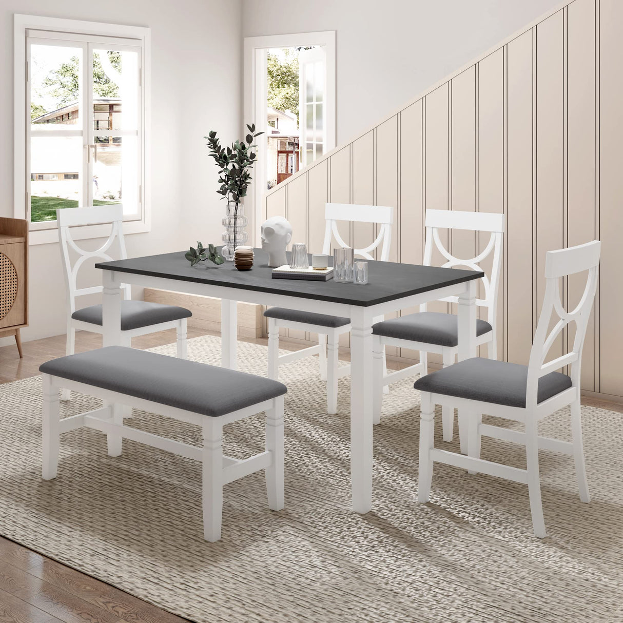 LUMISOL Wood Kitchen Dining Room Table Set for 6 with Bench and Chairs, 6 Piece Dining Table Set Farmhouse Rustic Dining Furniture Set with 60" Table and Upholstered Seating LUMISOL