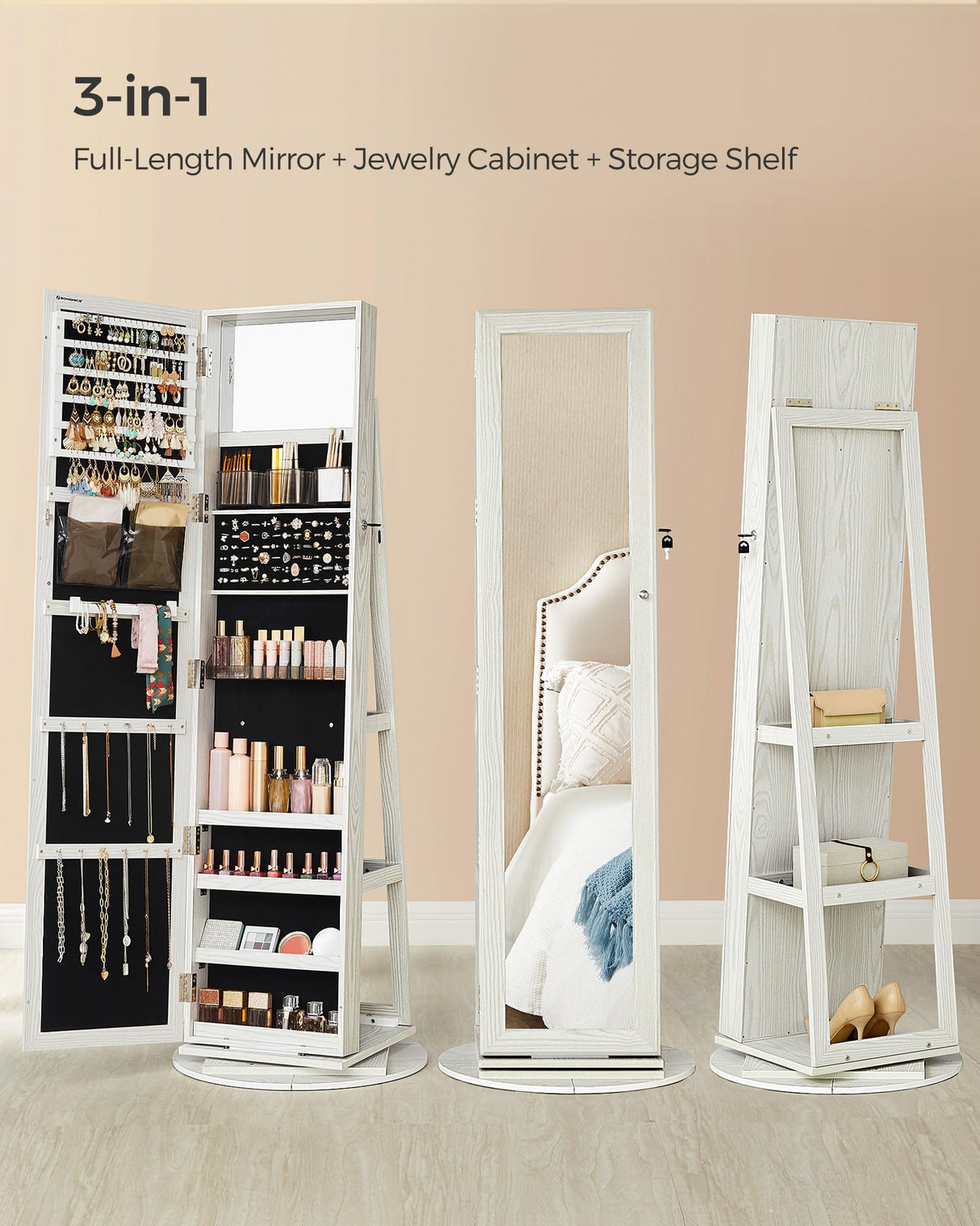 SONGMICS 360° Swivel Jewelry Cabinet, Lockable Jewelry Organizer with Full-Length Mirror, Rear Storage Shelves, Interior Mirror, Jewelry Armoire, Gift Idea, White with Gray Wood Grain UJJC006W01 SONGMICS