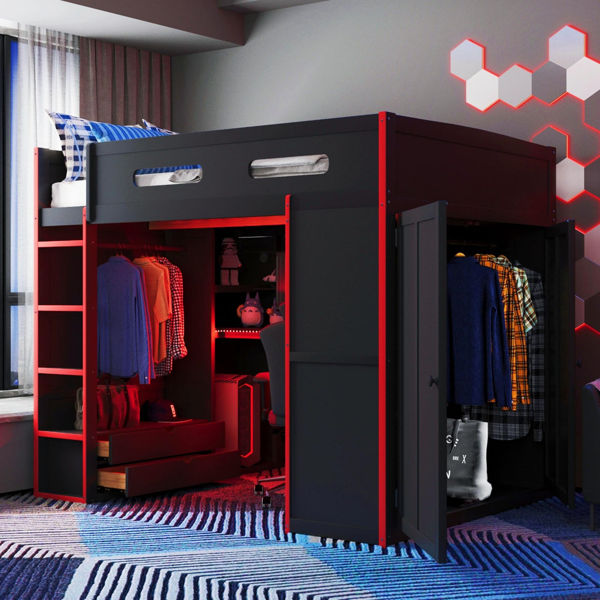 Brabrety Modern Full Size Wood Gaming Loft Bed with Desk and Wardrobe,USB Port and RGB LED Light,for Kids Teens Adults Bedroom Use (Red#RGB, Full) Brabrety