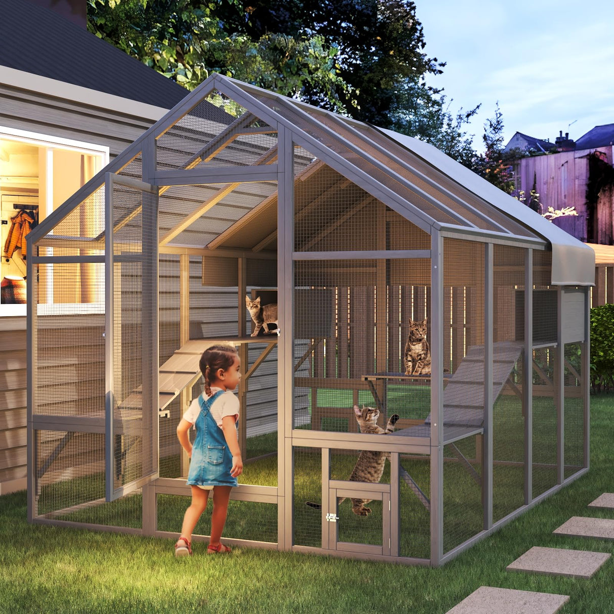 TIMHAKA Large Cat Catio, Catio Outdoor Cat Enclosure for Multiple Cats with 7 Platforms, 2 Resting Box and 2 Bridges, Wooden Feral Cat Shelter with Waterproof and UV Proof Canopy, 71 x 71 x 97 inch TIMHAKA