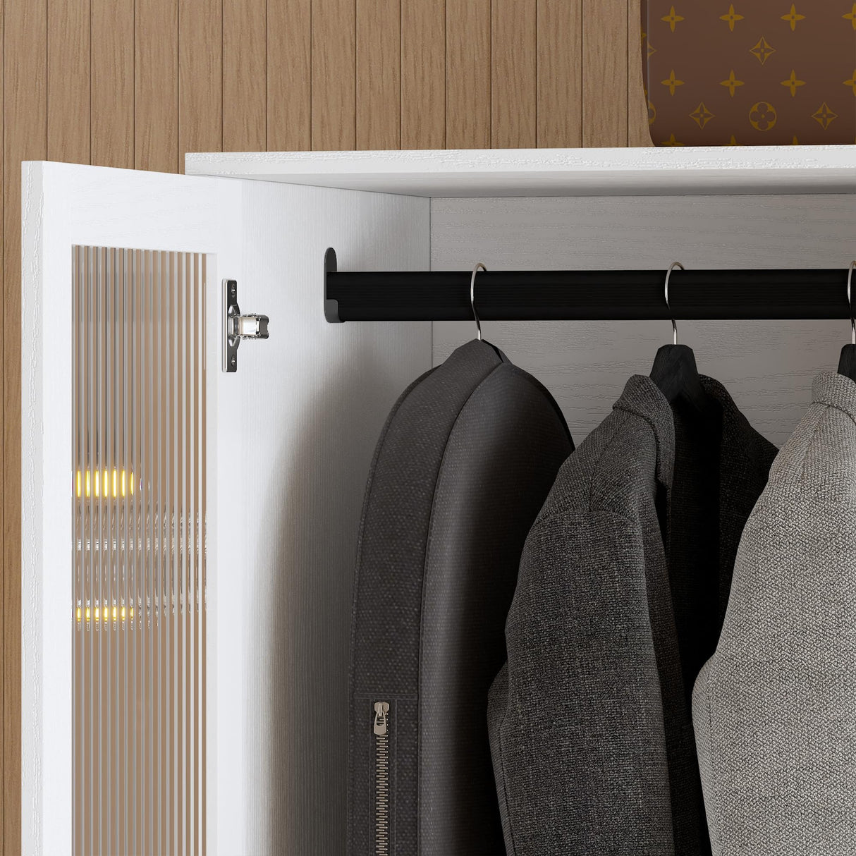 VOWNER 20“D Armoire Wardrobe Closet with Fluted Glass, 71" H Clothing Storage Cabinet with Hanging Rod, 4 Soft-Close Doors Wooden Wardrobe Cabinet for Bedroom, Large Capacity Storage White (AAC) VOWNER