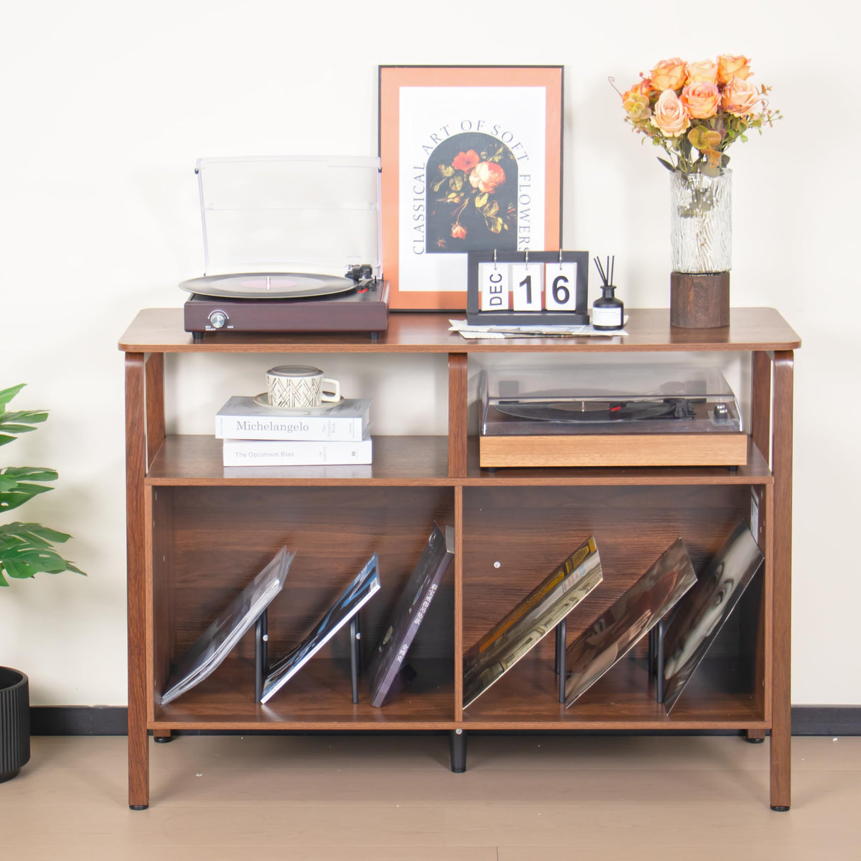 Mxtxmy Large Record Player Stand,Mid Century Turntable Stand Table with Open Storage Holds up to 300 Albums,Vinyl Record Storage Display Shelf for Living Room Bedroom (Walnut) Mxtxmy