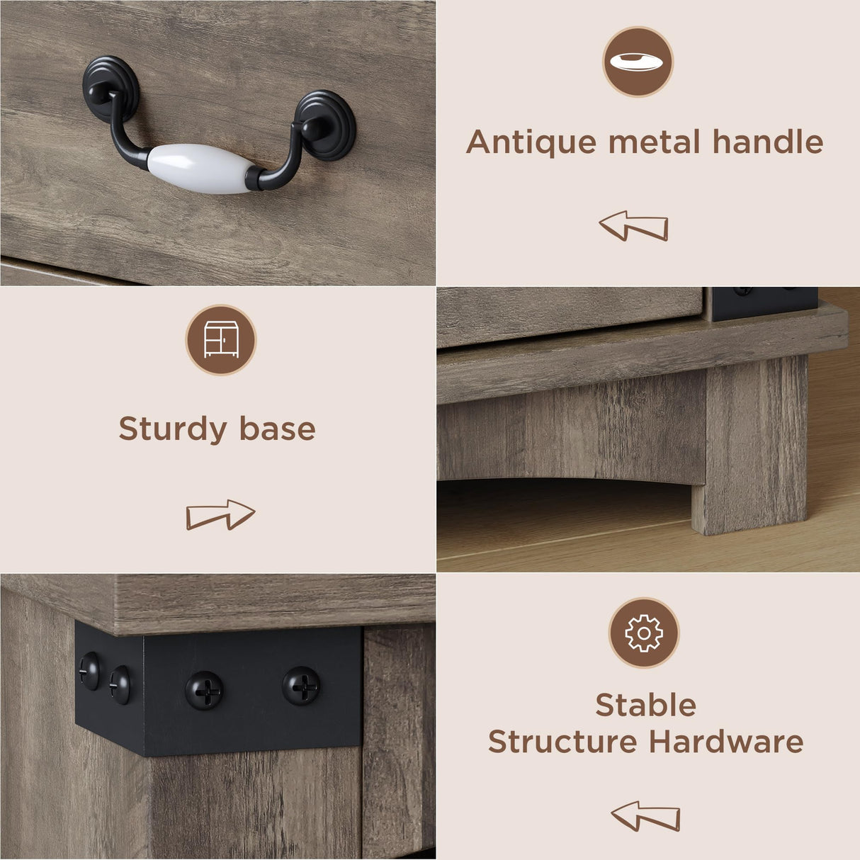 Maupvit Farmhouse Night Stand with Charger Station & Ceramic Handle, Wood Nightstand with 2 Storage Drawers, LED Bedroom Nightstand, Bedside Tables, Grey Maupvit