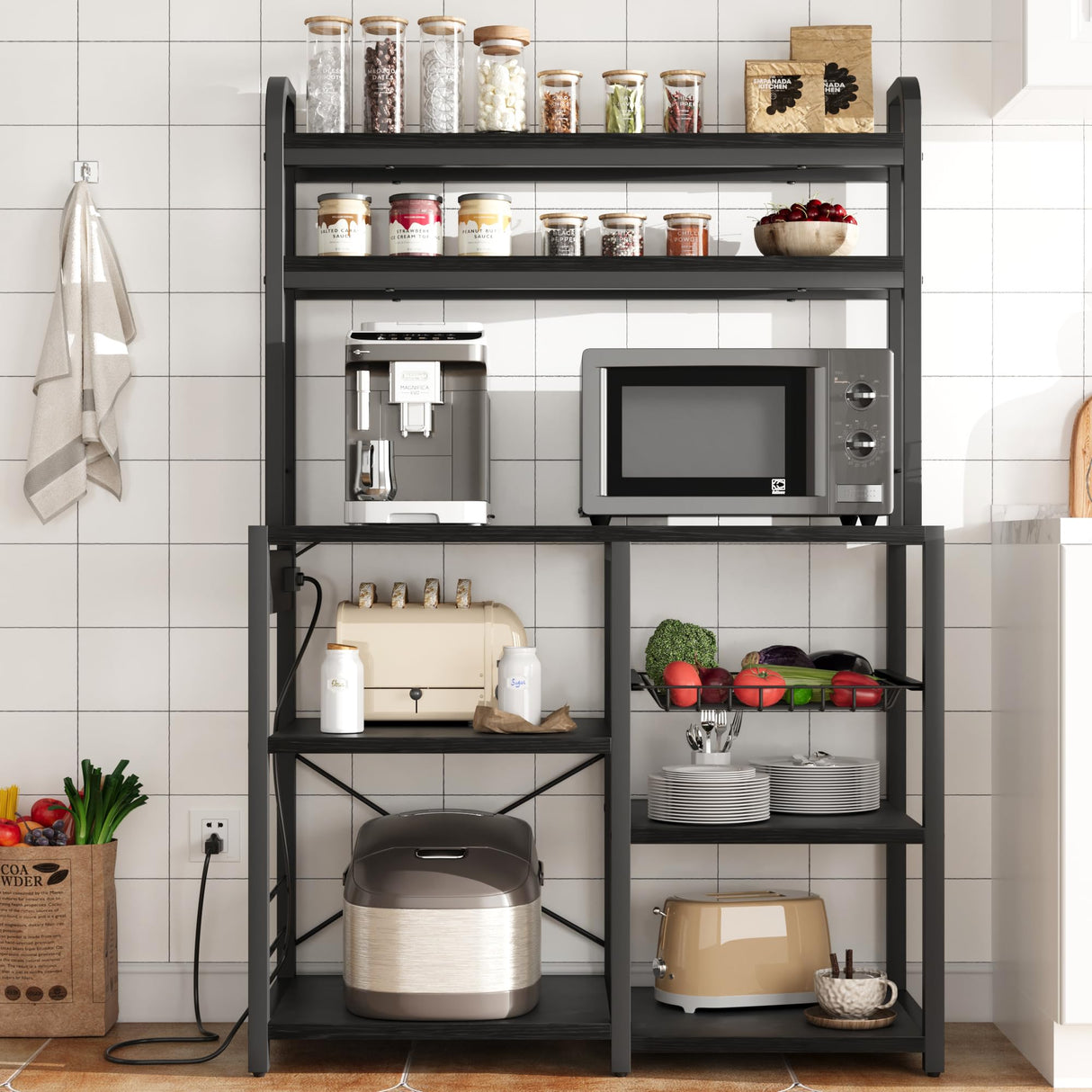IDEALHOUSE Rustic Black Bakers Rack with Power Outlet & Large Storage - 6-Tier Kitchen Buffet Table IDEALHOUSE