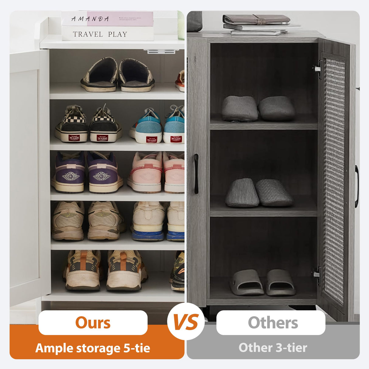 Mericonia Farmhouse Shoe Cabinet with Doors, Modern Large 5-Tier Shoe Storage Cabinet with Adjustable Shelves, Wooden Shoe Organizer for Entryway, Hallway, Closet, Bedroom, Living Room, White Mericonia