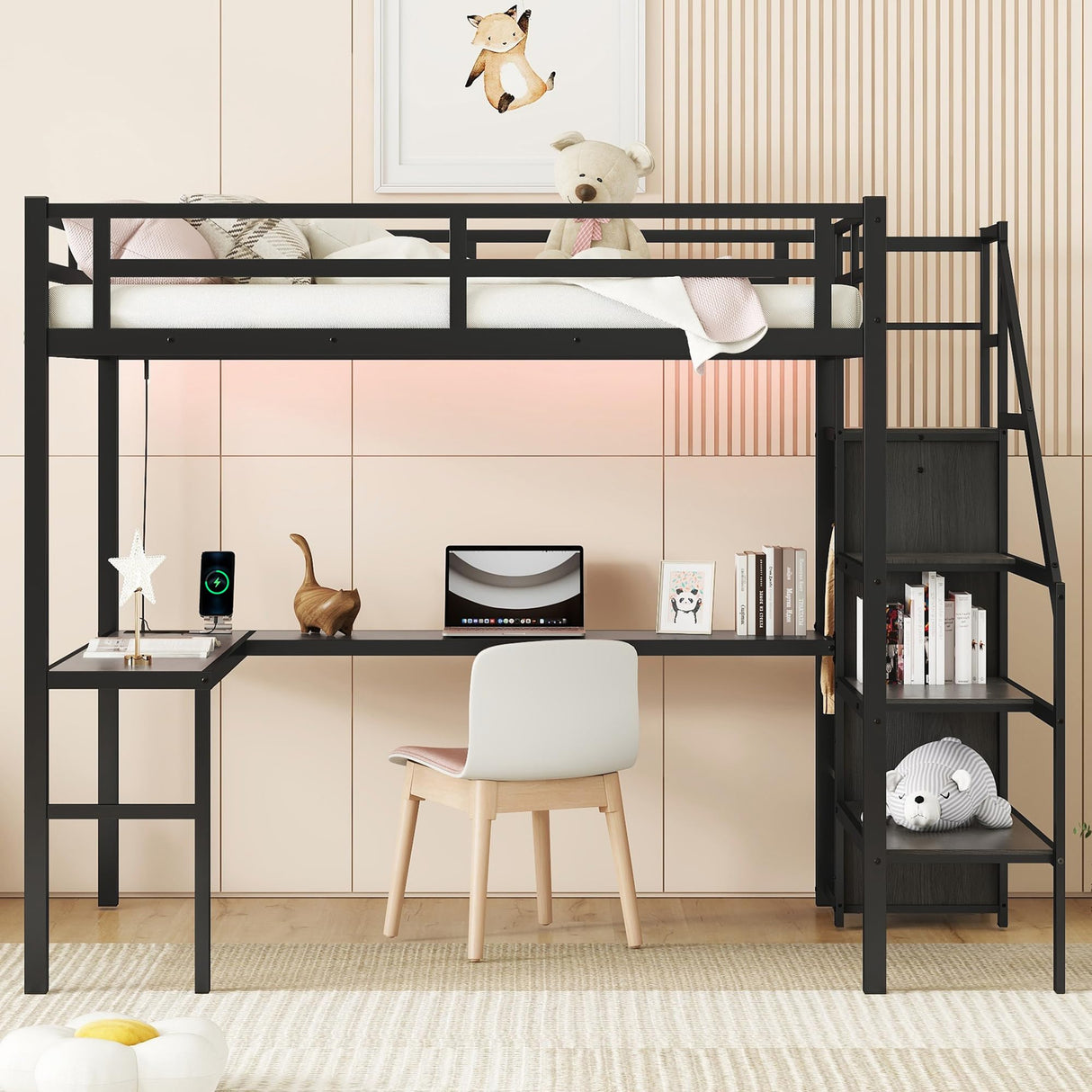 Full XL Loft Bed with Stairs and Wardrobe, Metal Loft Bed with Desk and Storage Stairs, RGB LED Loft Bed with Charging Station(USB Port, Outlets) (Full XL Loft Bed Black) Bellemave