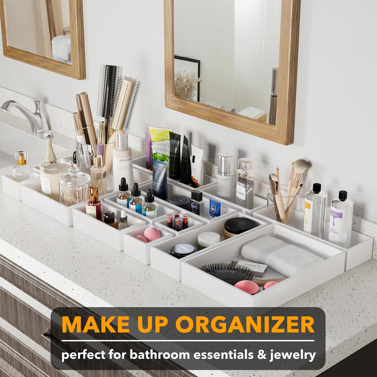 SpaceAid 14-Piece Bamboo Drawer Organizer Storage Boxes Set, Wood Tray Junk Drawer Organizers Multi-Use Divider Bins for Kitchen, Bathroom, Office Desk and Makeup Organization (14 Pack, White) SpaceAid