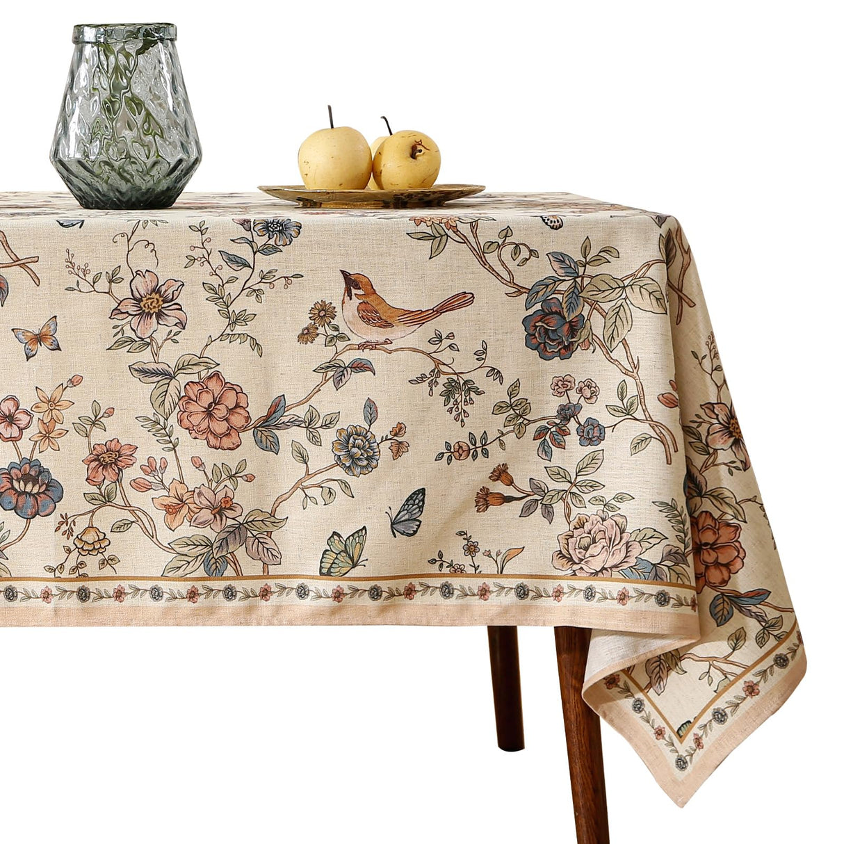 ISAENNE French Tablecloth for Rectangle Tables,Linen Table Cloth with Flowers and Birds Pattern,Heavy Durable Table Cover for Dining Thanksgiving Kitchen Decor Party Banquet Christmas,67"*118" ISAENNE