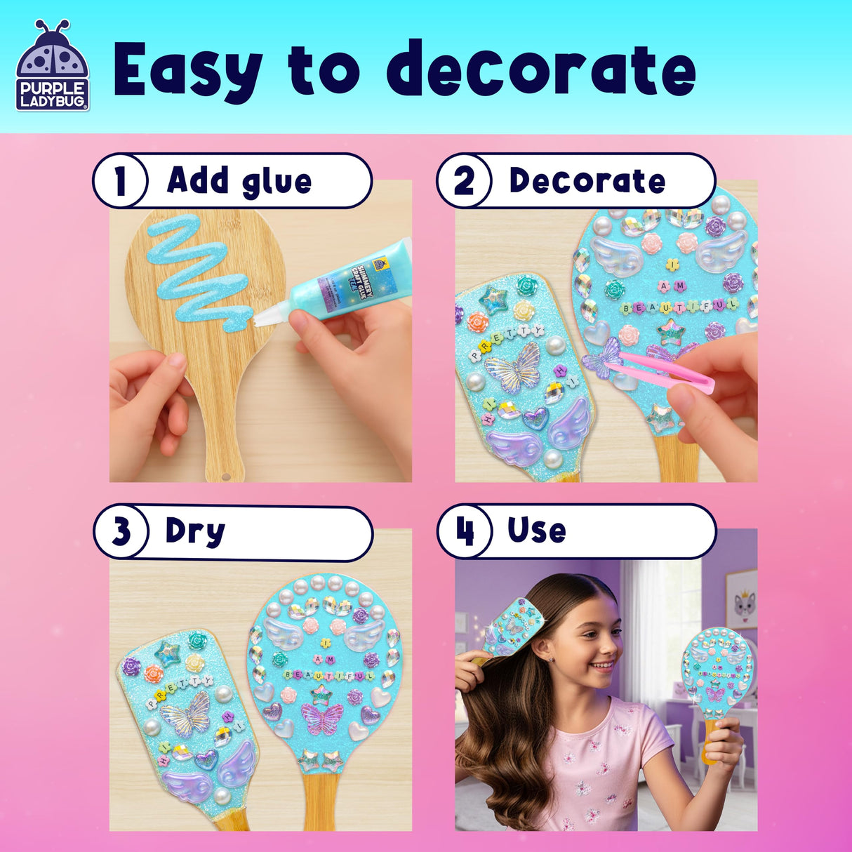 PURPLE LADYBUG Decorate Your Own Wooden Mirror & Brush Set - DIY Craft Kit for Girls Ages 4-8 8-12 with Glitter Glue, Beads, Gems, Butterflies, Ribbons - Birthday Gift for Girls 4 5 6 7 8 9 10 11 12 PURPLE LADYBUG