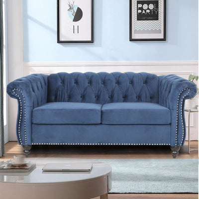 LEVNARY Velvet Sofa, Chesterfield Tufted Upholstered 2 Seater Couch, Modern Loveseat Couch Classic Furniture for Living Room Bedroom (Blue)