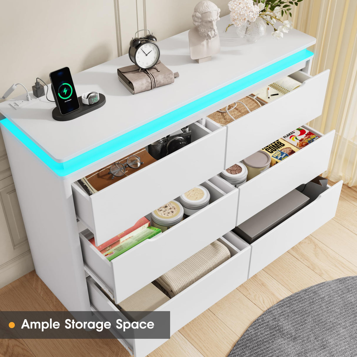Fameill White Dresser for Bedroom, 6 Drawer Dresser with LED Lights, Modern Dresser Organizer with Charging Station, Double Wide Chest of Drawers for Living Room, Entryway Fameill