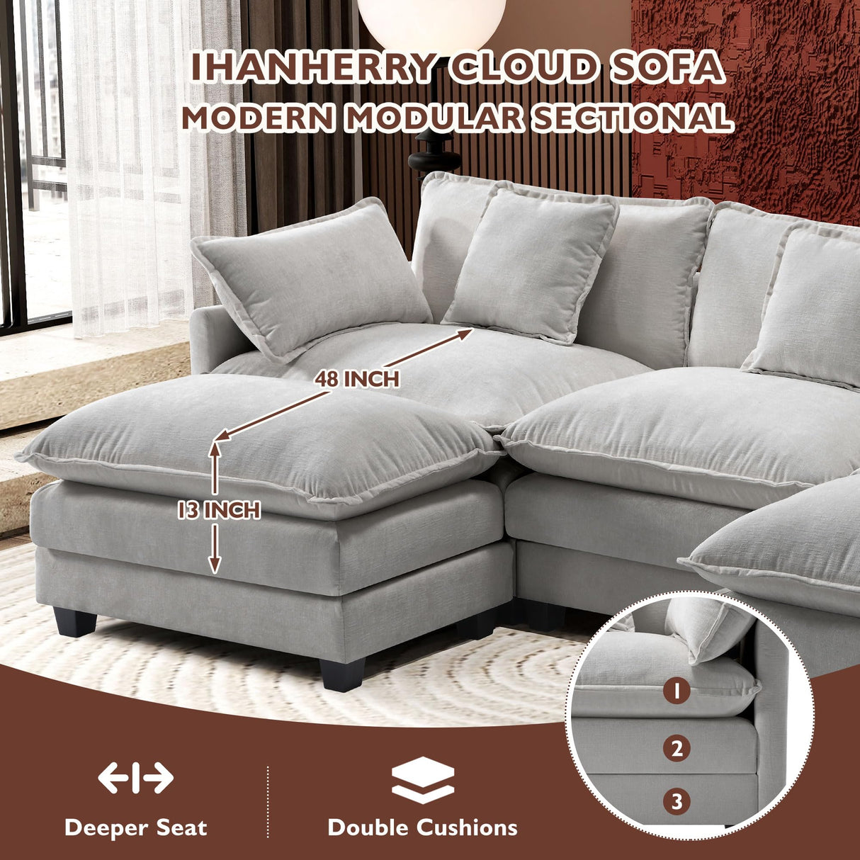 Ihanherry 111.4" U Shaped Modern Cloud Sofa Modular Sectional Couch with 2 Ottoman, 5-Seat Chenille Deep Seat Sofa with Pillow for Living Room, Bedroom and Apartment, Grey Ihanherry
