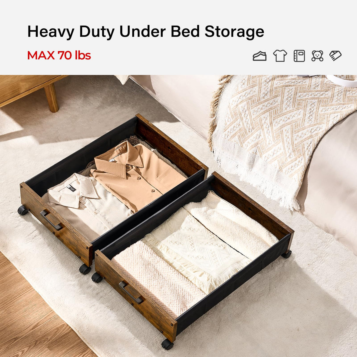 FOUCSSOMEI Under Bed Storage with Wheels 2 Pack Under Bed Storage Containers on Rollers Metal Frame Bed Storage Drawers for Shoes Clothes Space-Saving Solution for Bedroom Organization Patented Design FOUCSSOMEI