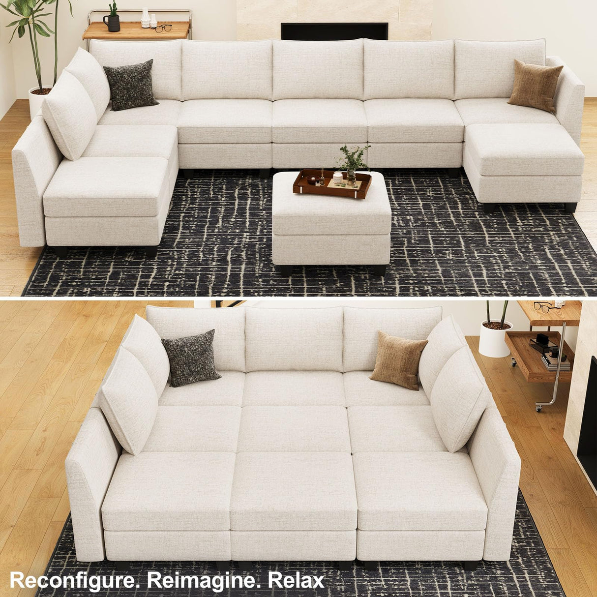 Belffin Large Modular Sectional Sofa Sleeper Sectional Couch with Storage Chenille Sectional Sofa Bed for Living Room, 9 Seats, Beige Belffin