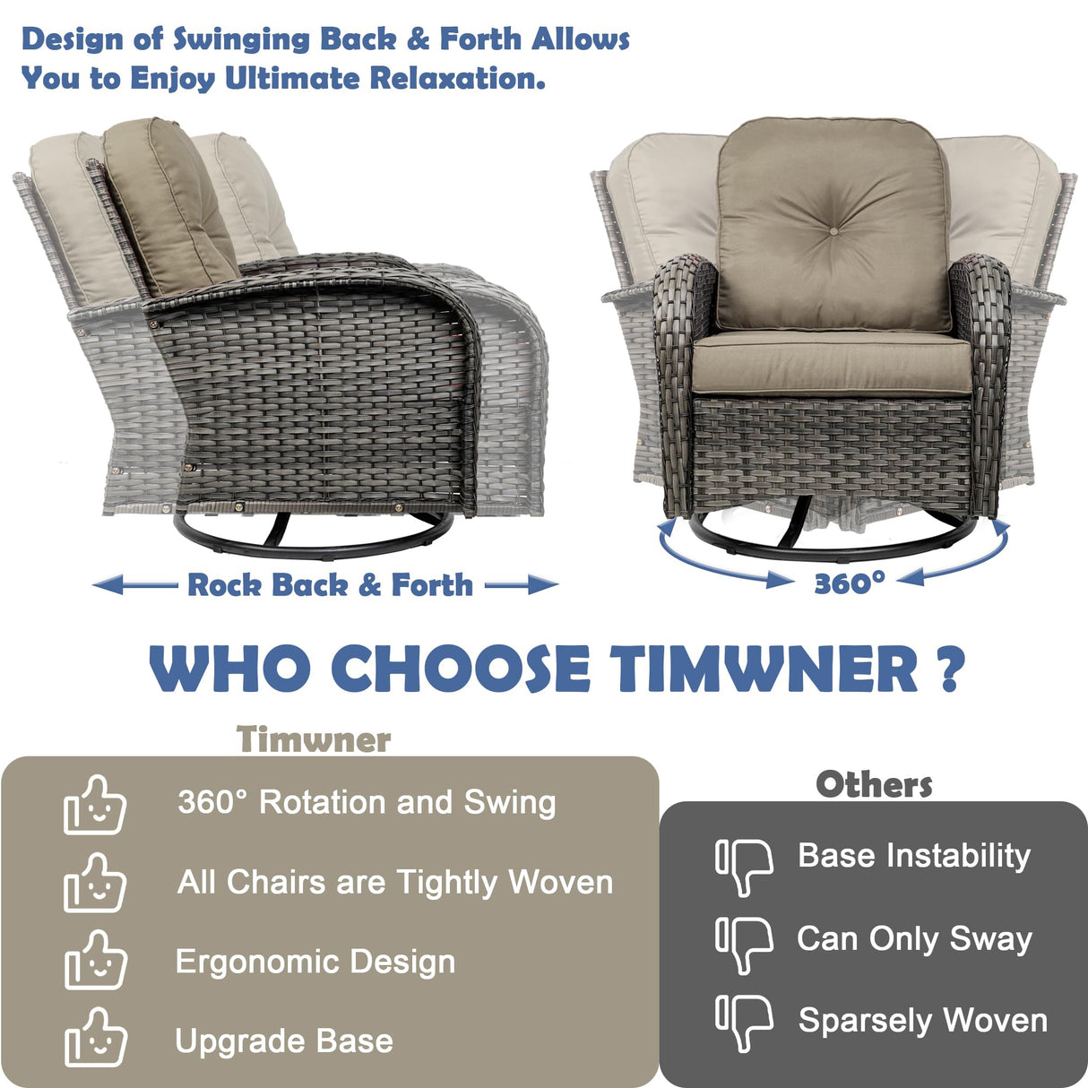 TIMWNER 3-Piece Swivel Rocker Wicker Chair Set of 2 ,360-Degree Rocking Chairs Outdoor with Cushions,Glass Table for Garden,Backyard, Bistro.Brown TIMWNER