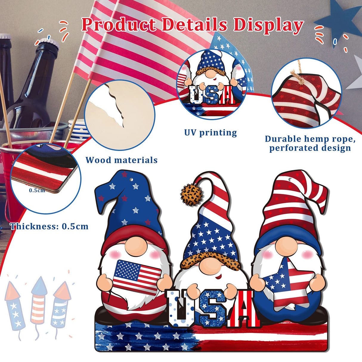 Jetec 4th of July Independence Day Decorations American Patriotic Rustic Wooden Plaque with Rope, Wood American Flag for Front Door Porch Wall Window(Gnome Style) Jetec