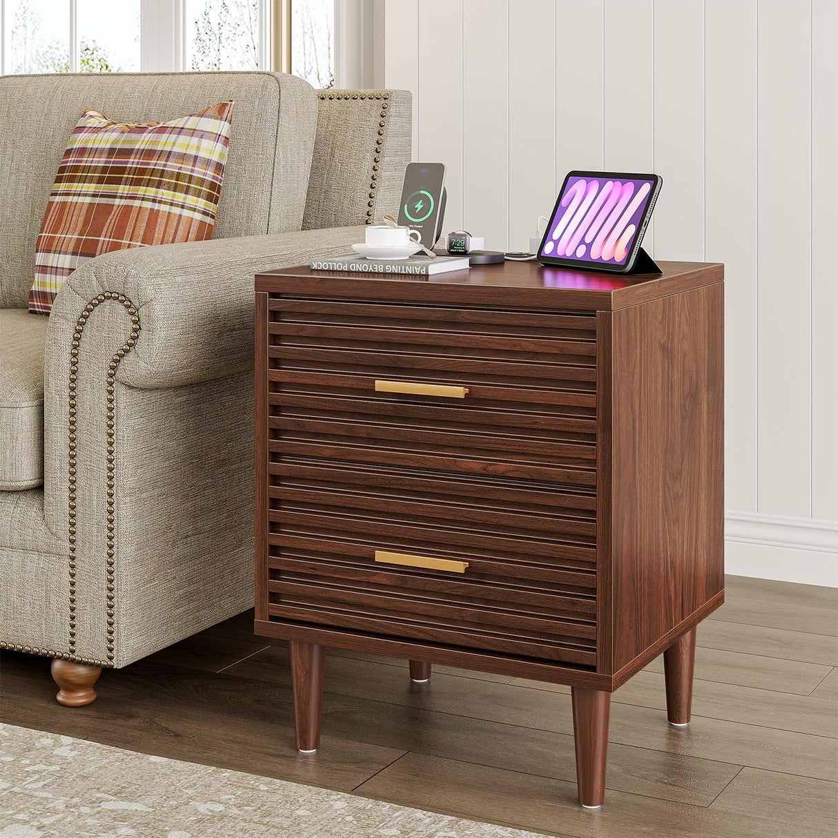 Alohappy Night Stands with Charging Station Set of 2, Mid Century Modern Nightstands, Wooden Bedside Table for Bedroom, End Table with Storage Drawers, Bed Side Table with USB Outlets, Brown 2pcs Alohappy