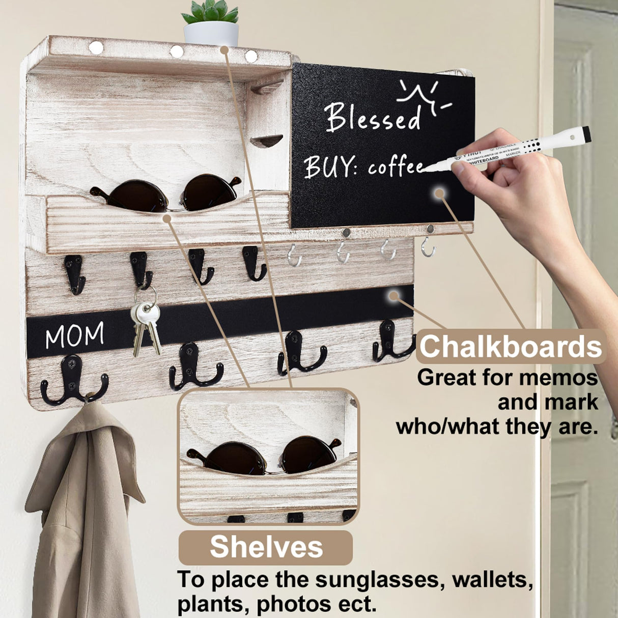 Farmhouse Key and Mail Holder for Wall Decorative, Rustic Mail and Key Organizer for Wall with Different Hooks, Chalkboard, Key Holder Wall Mount with Shelf, Basket, Clips(Pine Wood, White Washed) HEKOOLA