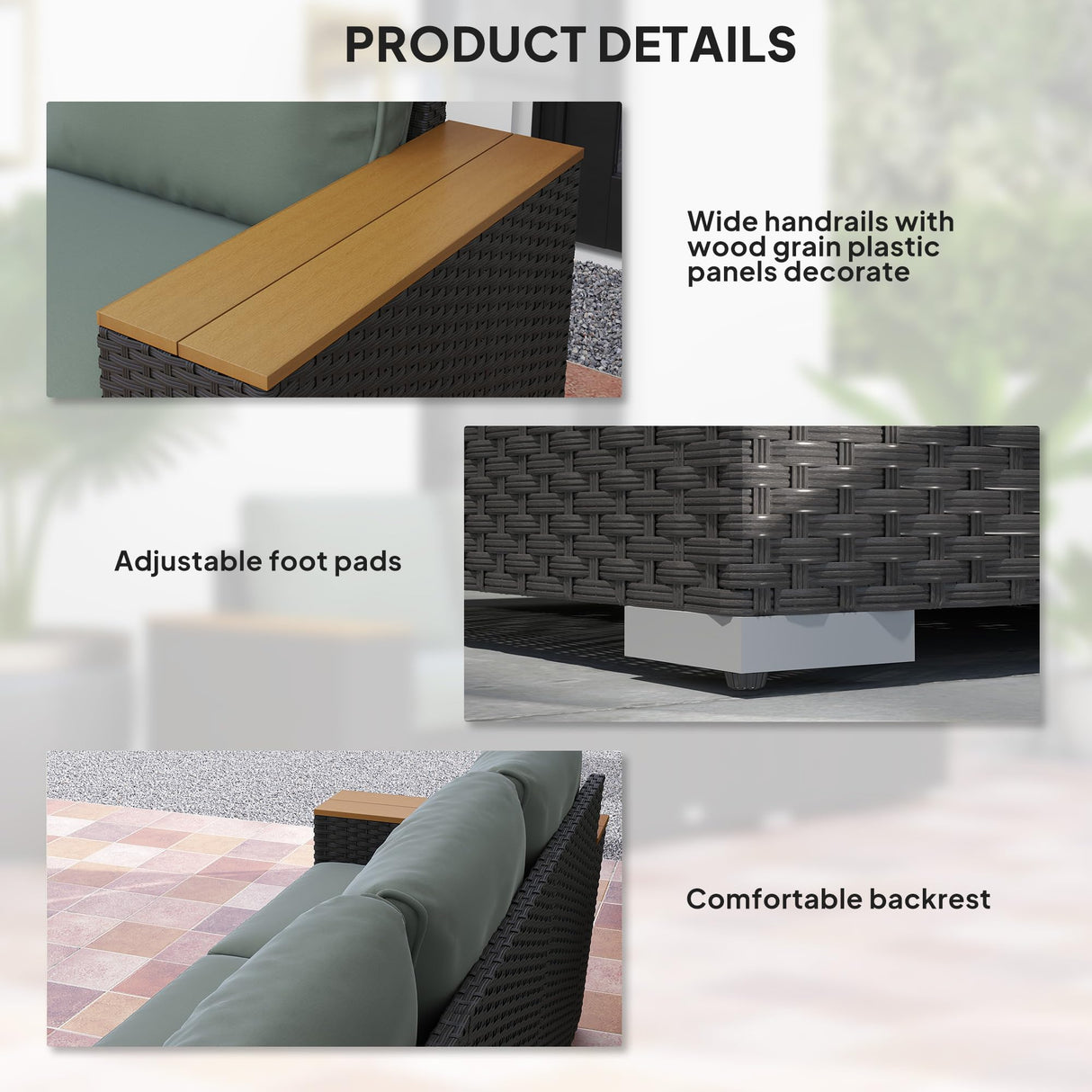 Outsunny 3-Seat Outdoor Patio Sofa with Cushions, PE Rattan Wicker Sofa with Wood Grain Wide Armrests, Outdoor Wicker Couch for Porch, Garden, Sunroom, Poolside, Dark Gray Outsunny