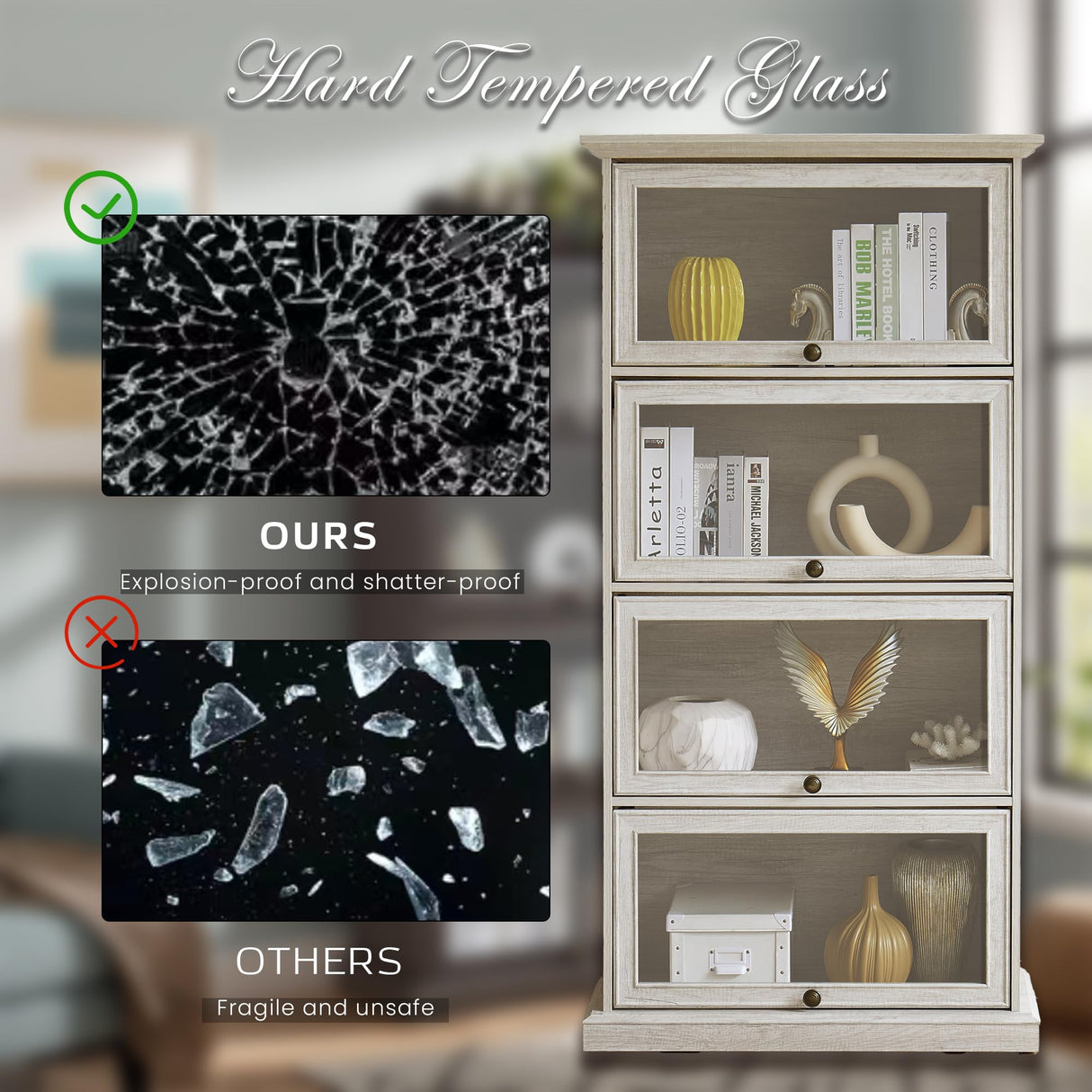 CKEASEAN Tall Bookcase with Glass Doors, 63" H Farmhouse Glass Curio Display Cabinet with Flip up Doors, Elegant Storage Cabinet with 4-Tier Shelves, Rack for Living Room (White) CKEASEAN