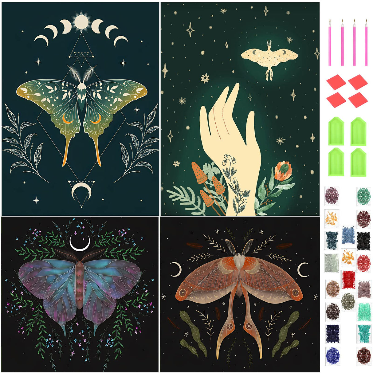 4 Sets Moth and Moon Diamond Painting Moon Moth DIY 5D Diamond Painting Kits Art with Accessories and Tools for Adults Beginners Craft Home Wall Decor, 4 Styles Fumete