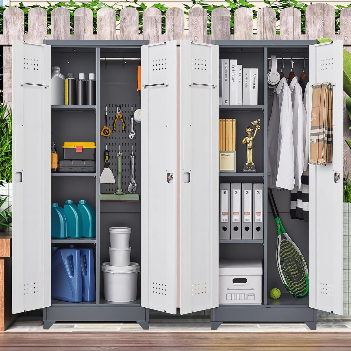 FLEXIMOUNTS 65'' Tall Metal Storage Cabinet with Locking Door, Large Cleaning Tool Organizer for Brooms, Garage, Laundry Room, Bathroom, Grey-White FLEXIMOUNTS