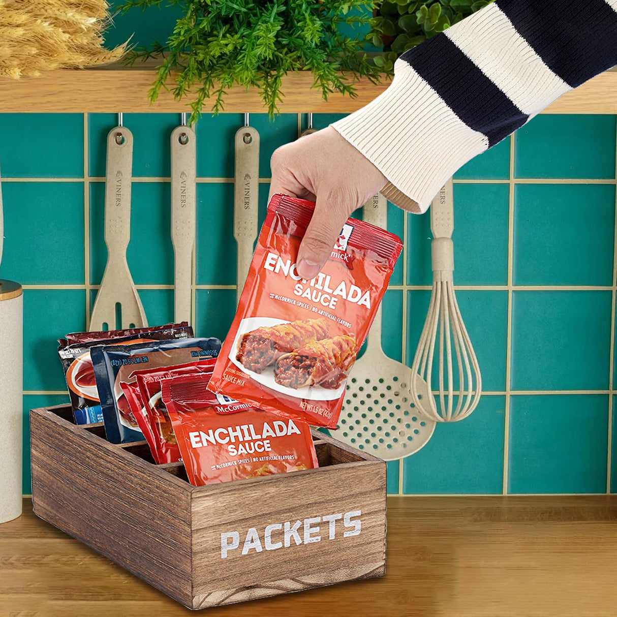 BSTKEY Seasoning Packet Organizer, Food Packet Storage Organizer with 4 Compartments, Wooden Storage Caddy for Kitchen Pantry Cabinet, Farmhouse Kitchen Organization Bins for Snacks Spice Packets BSTKEY