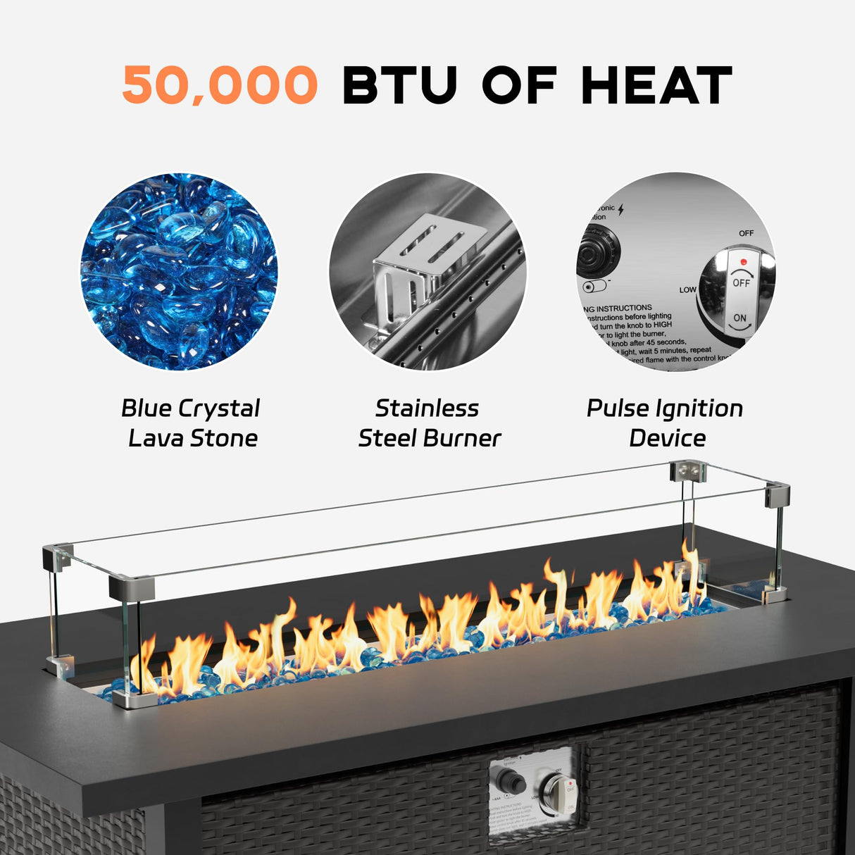 Oakcloud 8-Piece Outdoor Patio Furniture Sofa Set with 45” Propane Gas Fire Pit Table, Black Rattan Wicker Sectional Conversation Sets with Glass Top Tables and Cushions(Grey, w/Fire Pit Table) Oakcloud