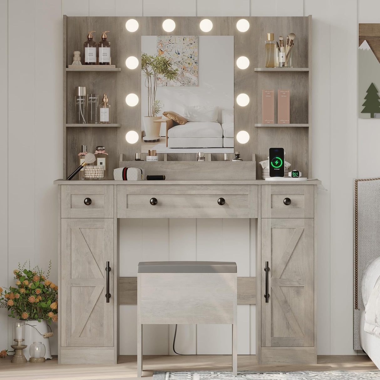 Vanity Makeup Desk with Mirror and Lights, Farmhouse Vanity Table Set with Storage Drawers, Charging Station & Chair, 43" Large Rustic Dressing Table, 3 Lighting Modes for Women Girls Bedroom, Grey Xixini