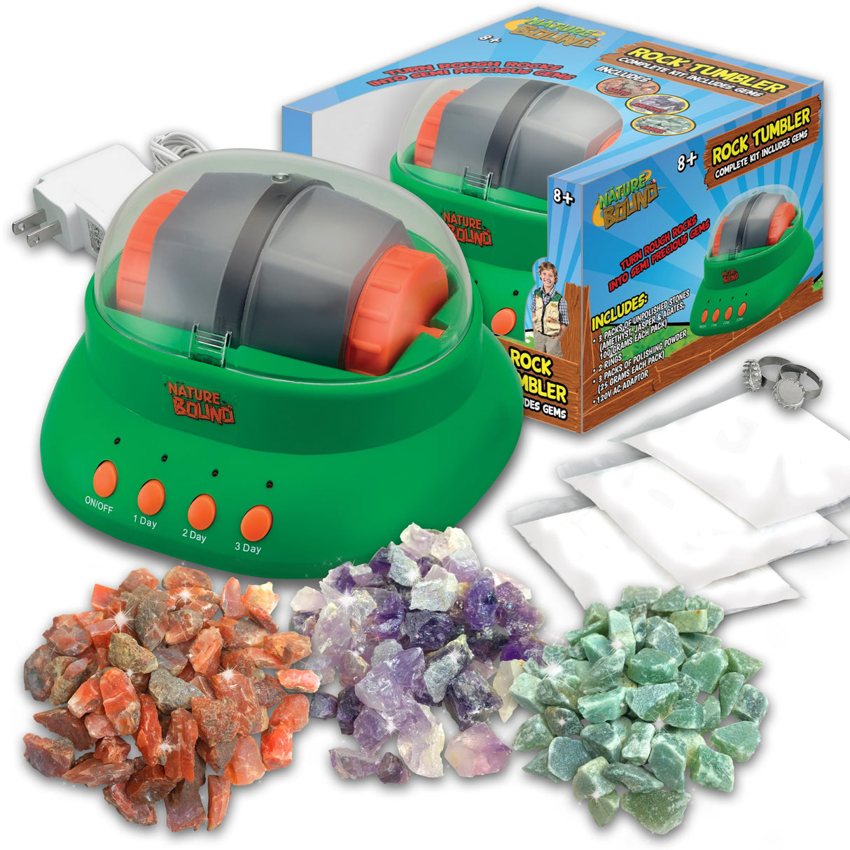 Nature Bound Starter Rock Tumbler Kit for Kids– Includes Rough Gemstones, Polishing Grits, Jewelry Fastenings, and Instructions – Great STEM Science Kit for The Future Geologist, Boys & Girls Ages 8+ Nature Bound