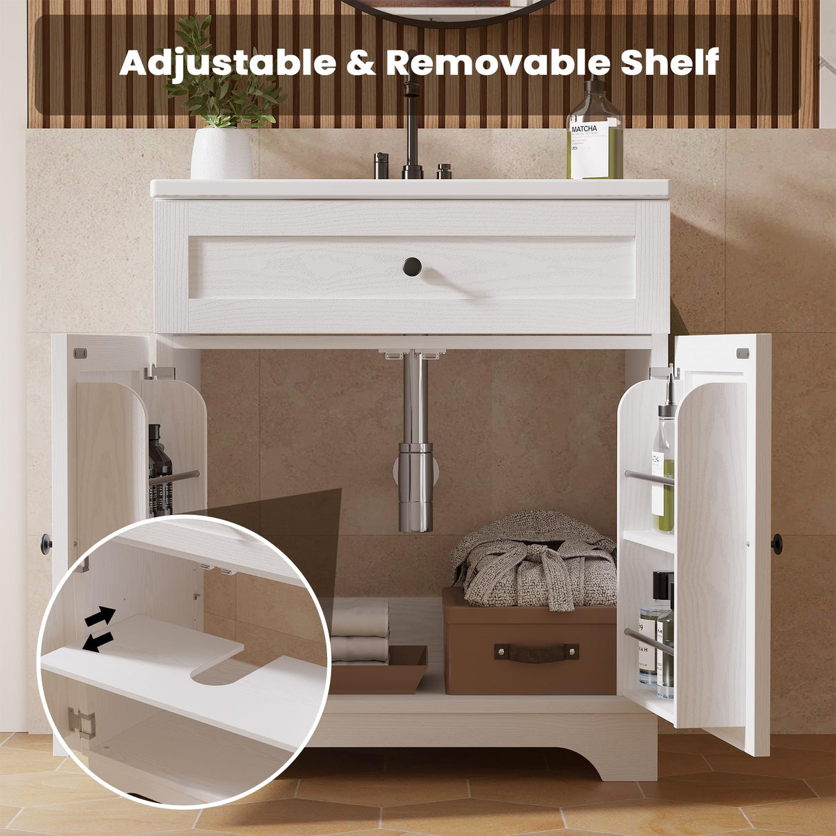 30 Inch Bathroom Vanity with Sink - Farmhouse Single Sink Cabinet, Adjustable Shelves & Ceramic Basin, Bathroom Sink Cabinet for Guest Baths Master Suites or Rental Units (White) ModernMate