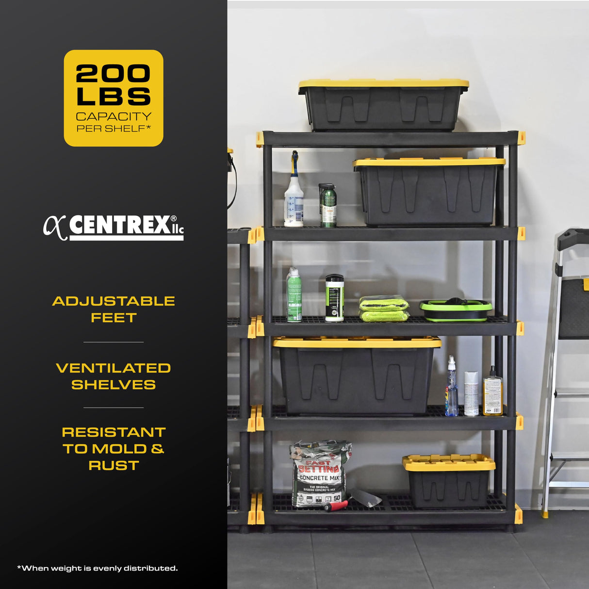 CX Black & Yellow®, 5-Tier Heavy Duty Plastic Storage Shelving Unit, 200lbs/shelf (72”H x 48”W x 20”D), for Indoor/Outdoor Organization, Modular Rack CX