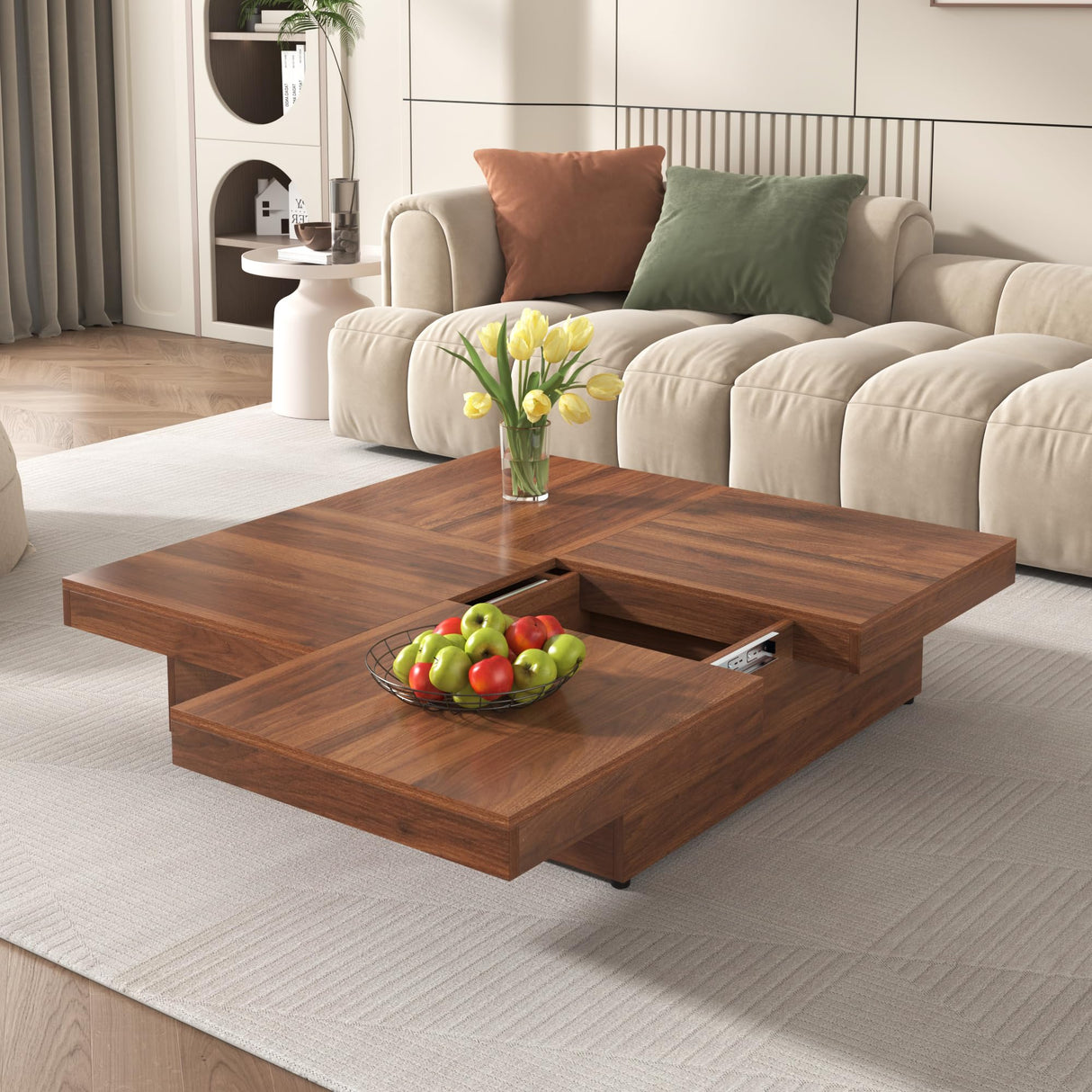 Merax 39.4'' Square Coffee Table, Sliding Top with Ample Storage, Walnut Grain Veneer Finish Modern Center Tables for Living Room Apartment, Walnut Merax