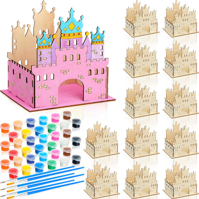 DoubleFill 12 Sets DIY Wooden Castle Crafts for Kids Princess Party Favors with Paint Brushes and 12 Colors Acrylic Paint Cardboard Castle for Kids to Color Girls Princess Birthday Party