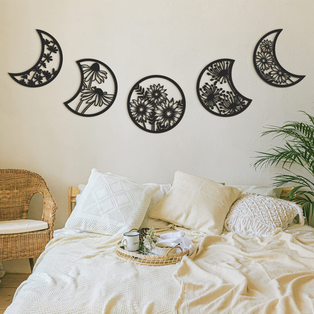 Jetec 5 Pieces Moon Phase Wall Decor Boho Hanging Moon Phase Nordic Wood Wall Art for Living Room Bedroom Home Decoration Room Apartment Bar Ornament(Black) Jetec