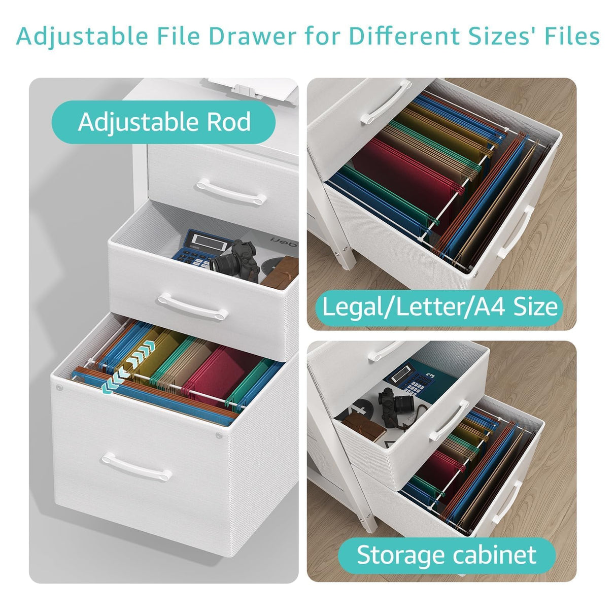 Lufeiya White Computer Desk with Fabric File Drawers Cabinet, 55 Inch Desks with Storage Filing Cabinet for Home Office, Modern Writing Table PC Desks for Bedroom, White Lufeiya