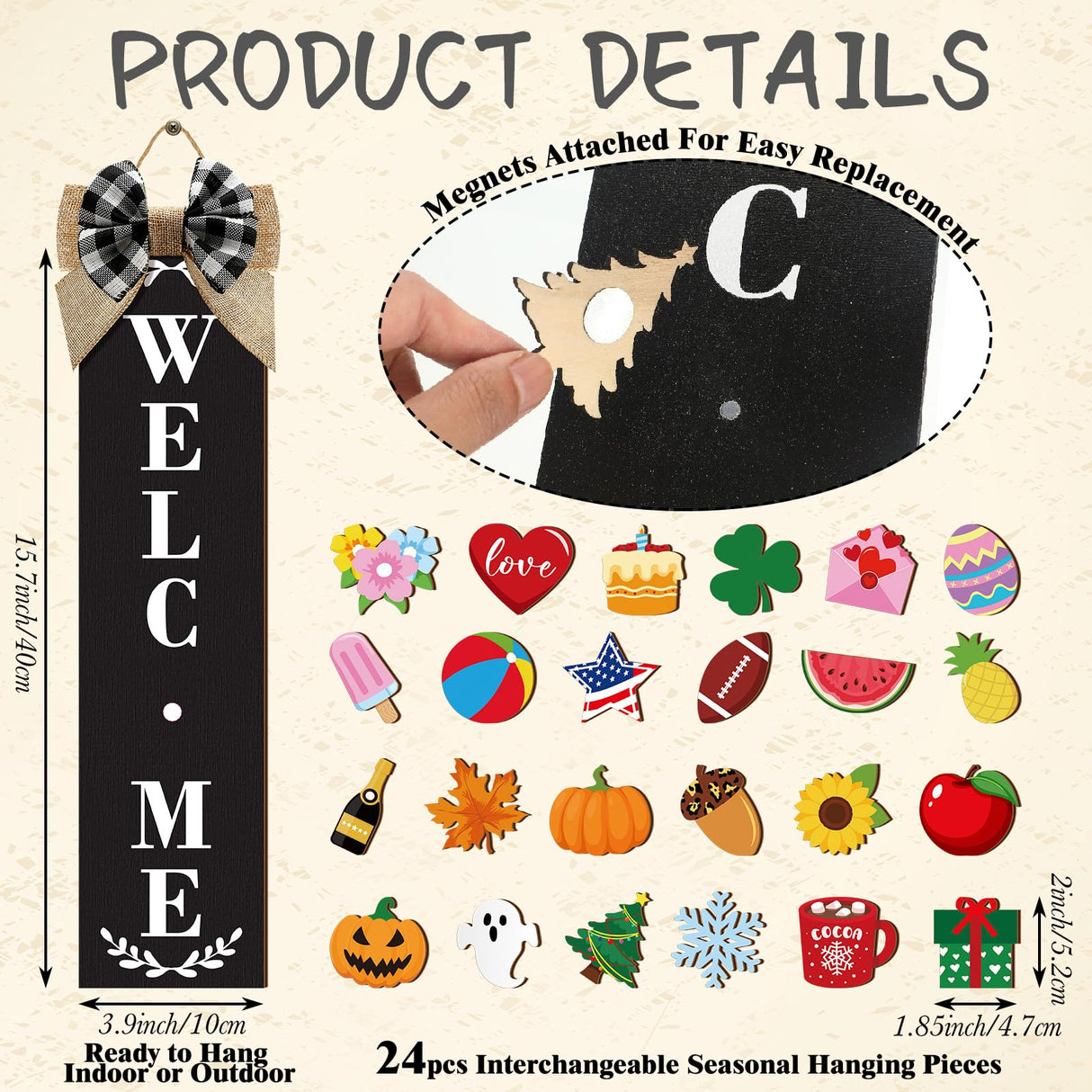 Sintuff Welcome Sign for Front Door Interchangeable Porch Sign with 24 Pcs Holiday Icons Home Farmhouse Welcome Outdoor Seasonal Rustic Sign for Spring Easter St Patrick's Day(Black) Sintuff