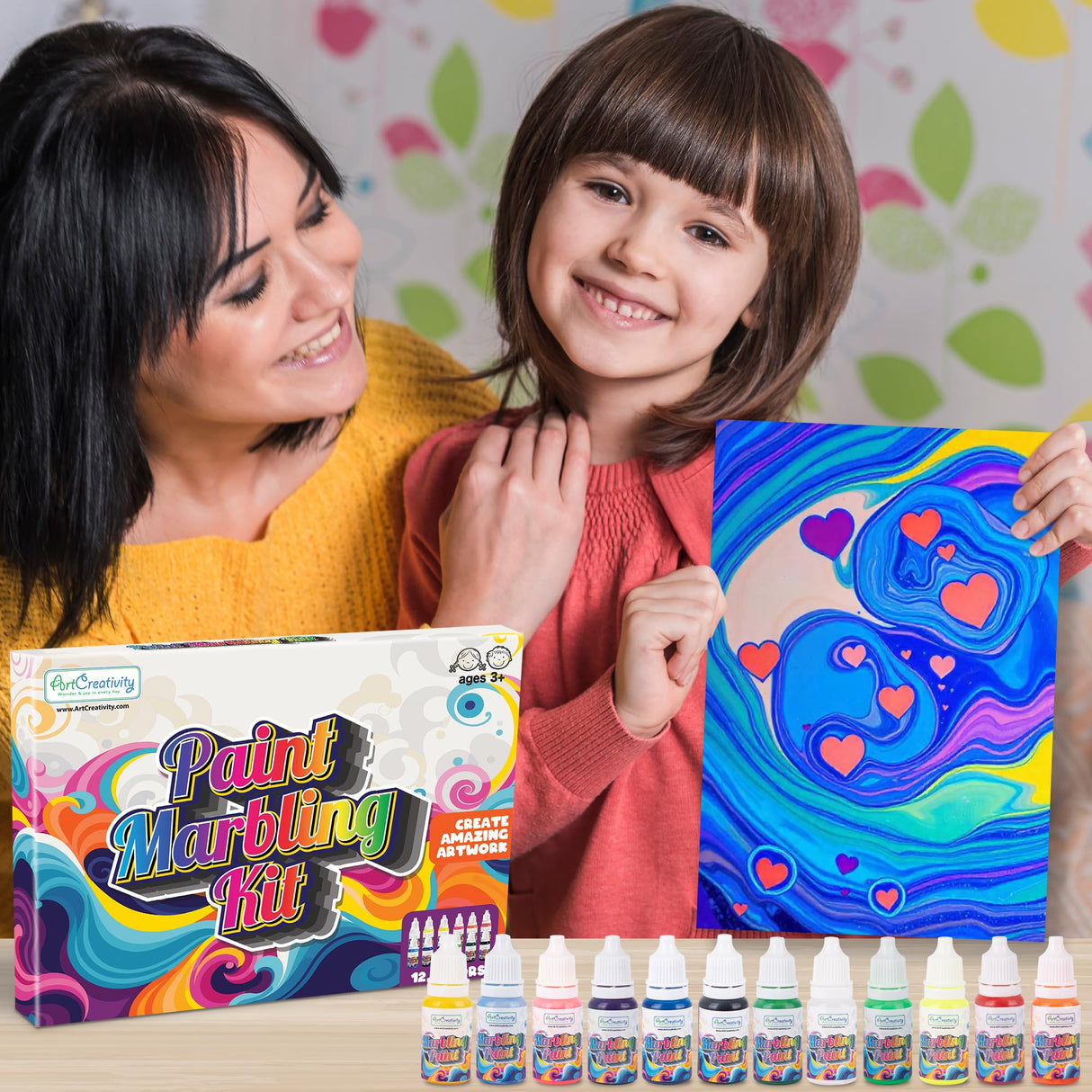 ArtCreativity Water Marbling Paint Art Kit for Kids - Complete Set with 12 Paint Colors, 10 Bags Thickening Powder, 10 A5 Papers, and More - Marble Art Painting Kit - Crafts for Kids Ages 3 and Up ArtCreativity
